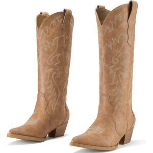 Rollda Cowboy Boots Women Tan Synthetic Embroidered Knee-High Western Toe Boots